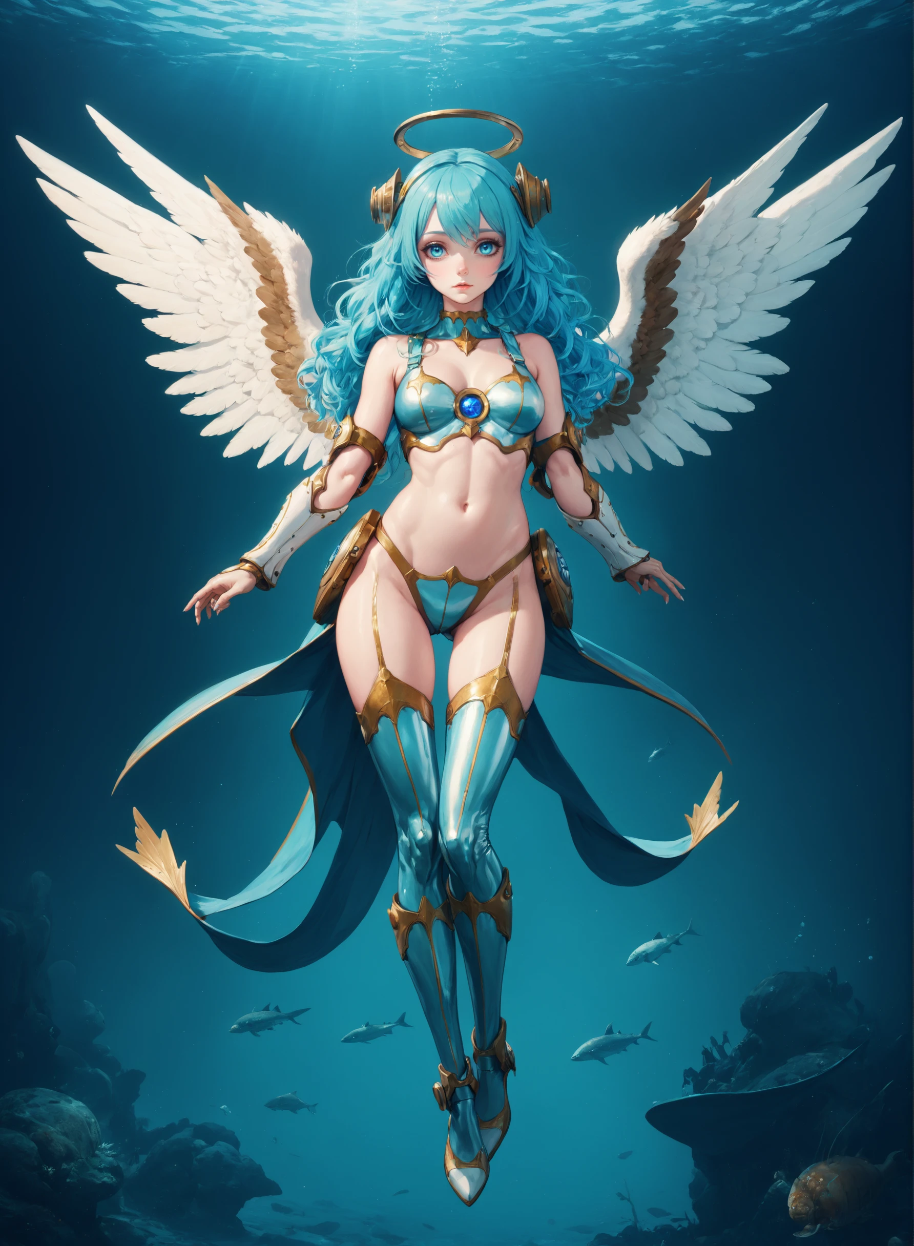 (masterpiece, best_quality, ultra-detailed, immaculate:1.3), epic, illustration, 1girl, (refreshing Historical Americana:1.3), angel, full body, cameltoe, (:wild, seductive costume design, :0.2:0.9524), official art, caucasian, creepy aqua lighting , in a stellar submarine, bombshell hair, blue hair with sea green highlights, Razor Cut, contrapposto