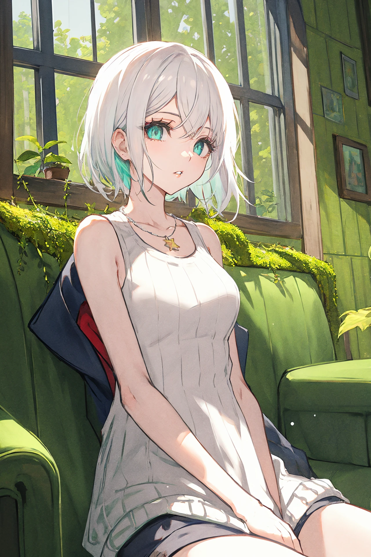 1girl, solo, white hair, long hair, breasts, sleeveless, bare shoulders, upper body, looking at viewer, parted lips, medium breasts, bangs, aqua eyes, sweater, necklace, white sweater, star \(symbol\), jewelry, blue eyes, collarbone, dress ,overgrown, black hair, solo, sitting, plant, scenery, ruins, shirt, indoors, white shirt, sunlight, shorts, couch, blurry foreground, light rays, blurry, vines, short hair, wide shot, depth of field, window, moss, day, barefoot, chair, tree, post-apocalypse 
<lora:Lack-000215:1>