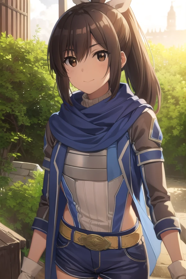 bofurisally, <lora:bofuri sally s2-lora-nochekaiser:1>,
sally, long hair, brown hair, (brown eyes:1.5), ribbon, hair ribbon, ponytail, smile,
BREAK gloves, shorts, scarf, blue scarf, shirt, white shirt, puffy sleeves, long sleeves, belt, denim shorts,
BREAK outdoors, nature, forest, sun, sky, clouds, trees, grass,
BREAK looking at viewer,
BREAK <lyco:GoodHands-beta2:1>, (masterpiece:1.2), best quality, high resolution, unity 8k wallpaper, (illustration:0.8), (beautiful detailed eyes:1.6), extremely detailed face, perfect lighting, extremely detailed CG, (perfect hands, perfect anatomy),