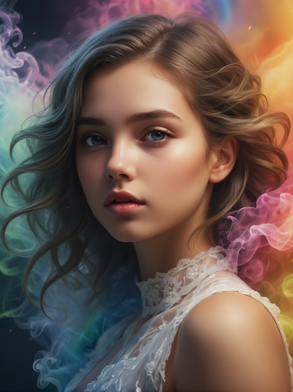 Romanticism, UHD, attractive, ethereal, elegant, girl, teenager, beautiful, flawless, angelic, soft liquid rainbow smoke background, wind, fractal neon antimatter finish, highly detailed, trending on artstation, sharp focus, studio photo, intricate details, highly detailed, by Artgerm, Thomas Kinkade, Anna Dittmann, Gerhard Richter