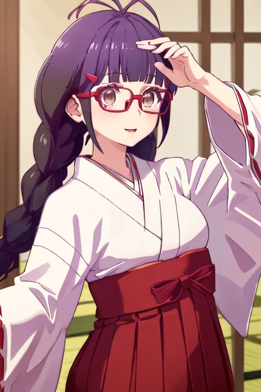 best quality, masterpiece, highres, solo, {white kimono:1.35}, {red hakama:1.35}, {wide sleeves:1.20}, {izumisawa_aoi_renaiflops:1.15}, long_hair, glasses, red-framed_eyewear, braid, hair_ornament, twin_braids, hairclip, black_hair, bangs, brown_eyes, antenna_hair, purple_hair