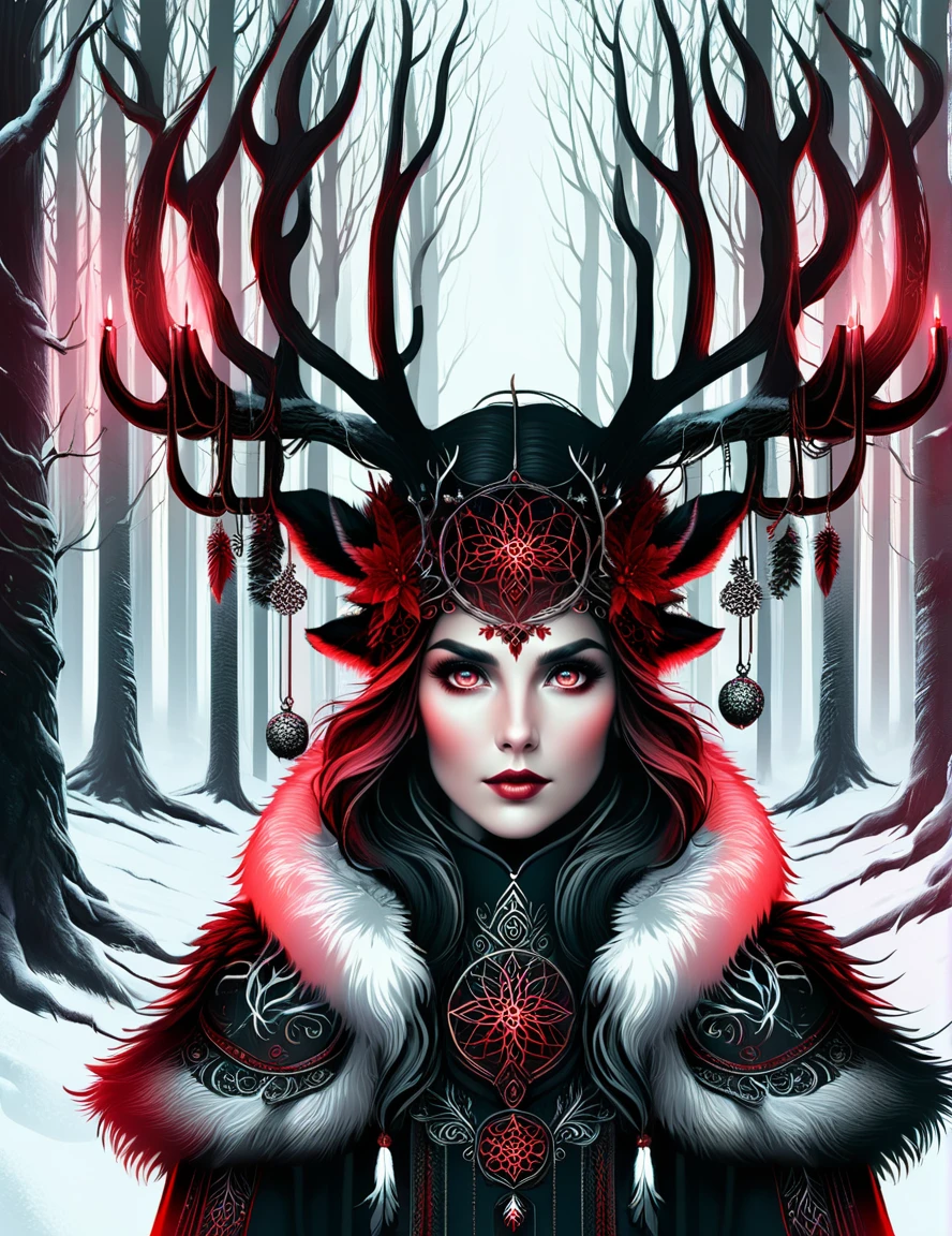 <lora:SDXLAntlerPagan:1>AntlerStyle, high quality digital art of an elegant mystic forest watcher, dark fantasy, illustration, black and red gradient colors, snowy forest, 8k movie poster, luminism, ultra-realistic, glamour, art by Anno1313, background showing Christmas atmosphere