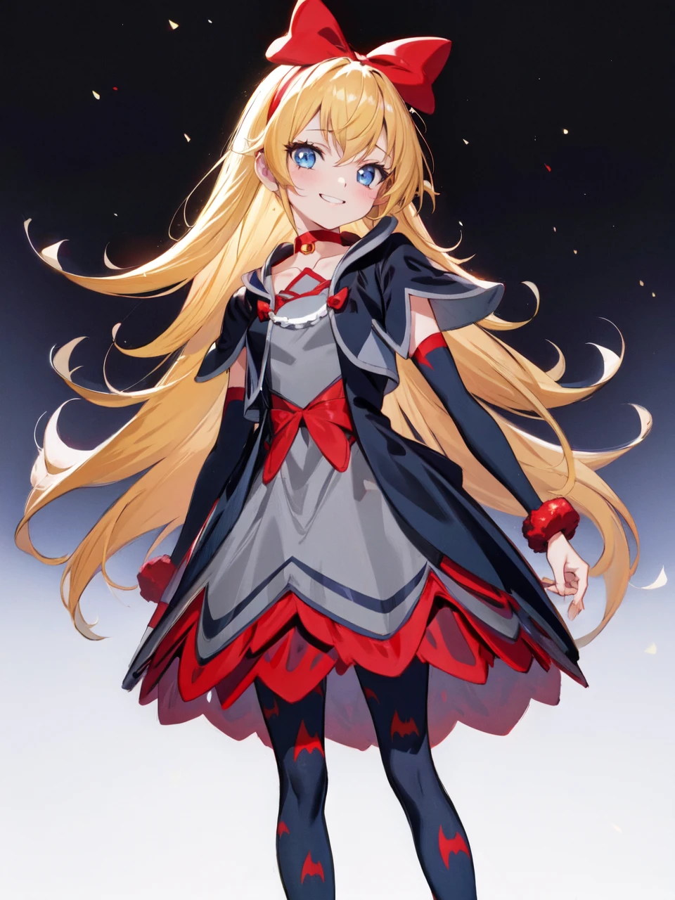 masterpiece, best quality, looking at viewer, depth of field, standing, full body,
1girl, <lora:locon_regina_01:0.95>, regina, (red ribbon, hair ribbon, blue eyes), blonde hair, long hair, grey skirt, pantyhose, animal print, vest, long sleeves, black capelet,  arm warmers, choker, fur, high heels,
smile, ((gradient background)), lens flare,