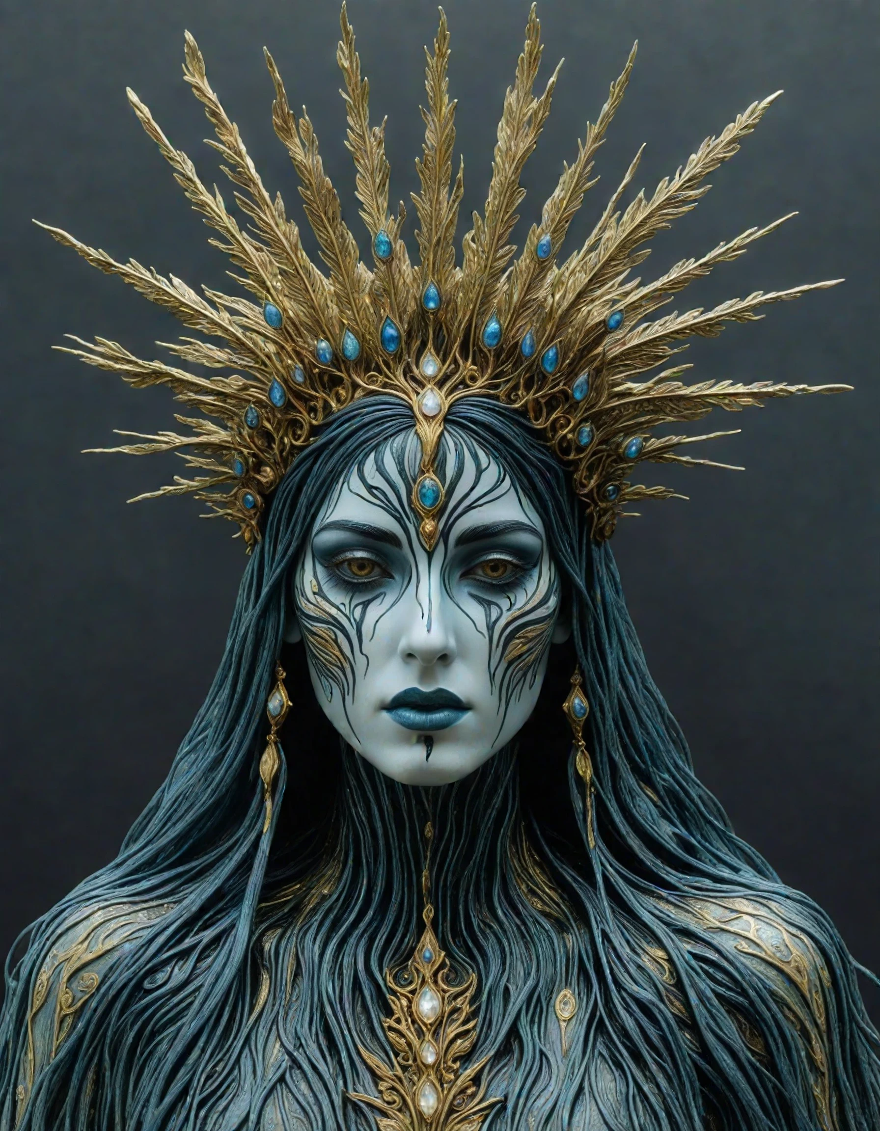 A beautiful 3D rendering of a liquid headdress in the style of the Bengal School of Art, inspired by John Henry Twachtman and zdzislaw Beksinski. The headdress is made of a flowing, shimmering liquid that changes color as it moves. The liquid is shaped like a crown and is adorned with intricate, floral patterns. The background is a dark, moody landscape with a full moon in the sky.