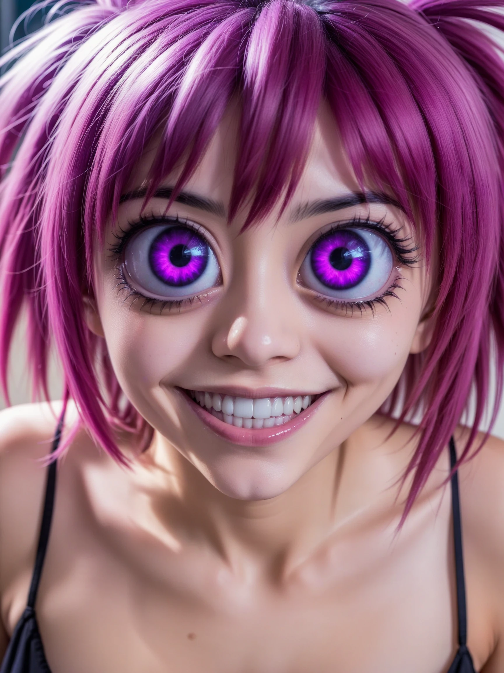 <lora:bigeyes-v2_16x8-4x1-000003:1>,
a realistic photograph of woman with anime hair and huge purple anime eyes
grinning