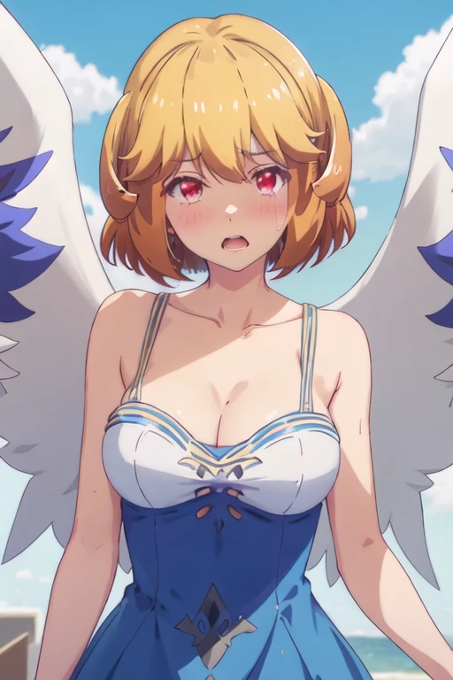 best quality, masterpiece, highres, solo, {istel_karin_renaiflops:1.15}, short_hair, blonde_hair, red_eyes, bangs, open_mouth, 1girl, cloud, orange_hair, sky, blush, upper_body, breasts, cleavage, hair_ornament, blue_sky, closed_eyes, collarbone, wings