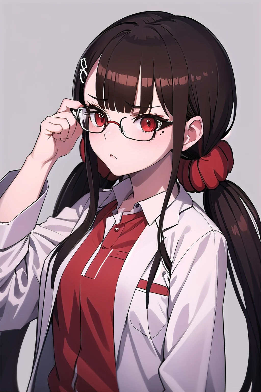 masterpiece, best quality, ultra-high-detailed, Harumaki, red eyes, brown hair, low twintails, red scrunchie, mole under eye, blunt bangs, hairclip,  laboratory, lab coat, glasses, pensive