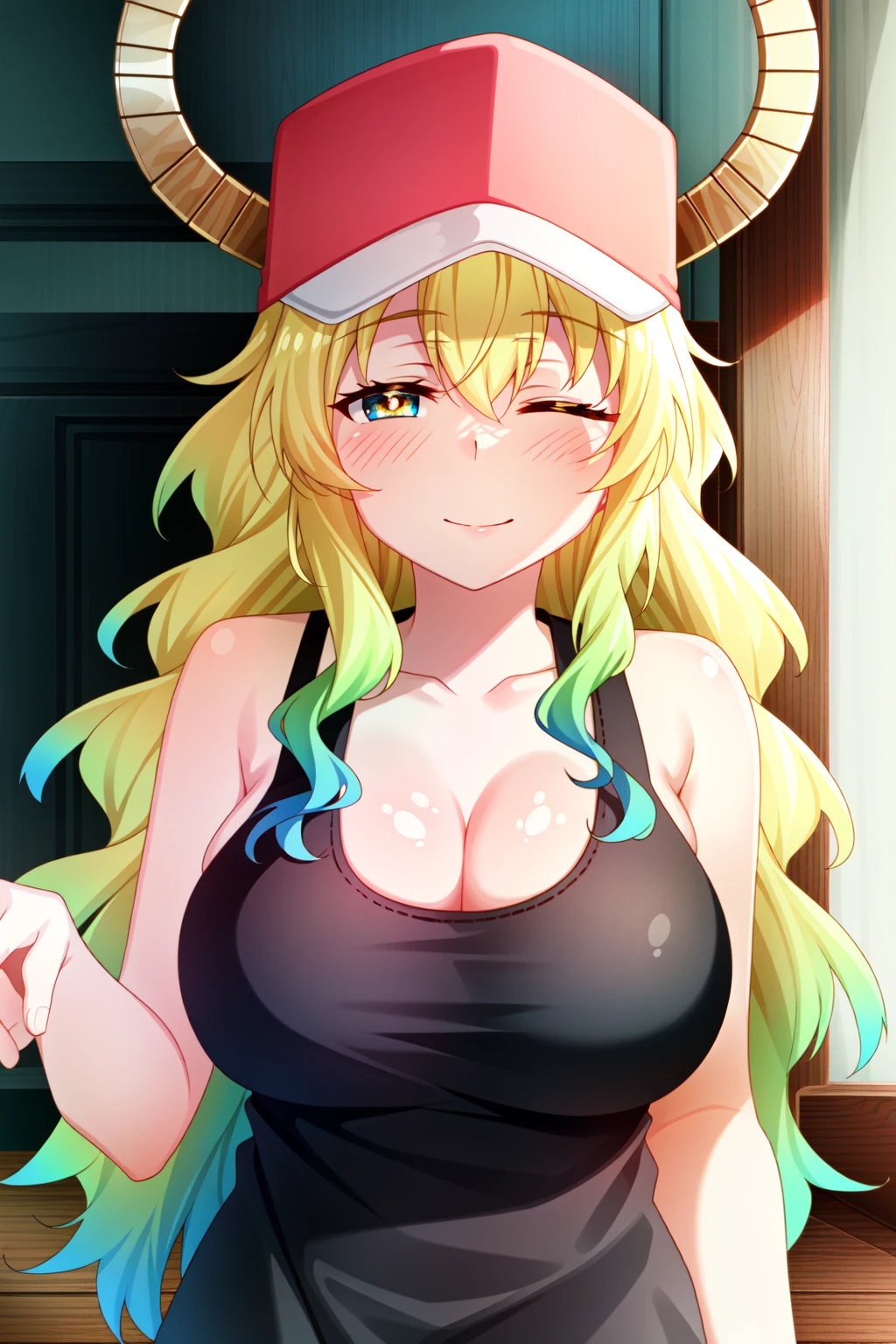 (extremely detailed CG unity 4k wallpaper),(masterpiece),(best quality),(ultra-detailed),(best illustration),(best shadow),(absurdres),(detailed background), <lora:OGT_Lucoa-v1:0.9> Lucoa, 1girl, breasts, lucoa (maidragon), one eye closed, horns, horns through headwear, solo, long hair, hat, multicolored hair, cleavage, dragon horns, smile, blonde hair, dragon girl, gradient hair, baseball cap, tank top, large breasts, blush, green hair, looking at viewer, upper body, unusually open eyes, multicolored eyes, slit pupils, ;), wavy hair, yellow pupils, closed mouth