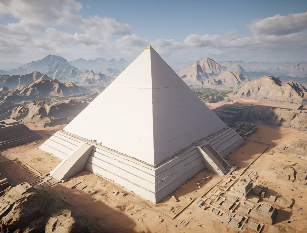 An aerial view of a wh1t3ng0ld style pyramid, 8k hd high definition beautiful photography, cg award winning unreal engine render, matte painting ultra realism <lora:Unweathered_Pyramids-000008:0.5>