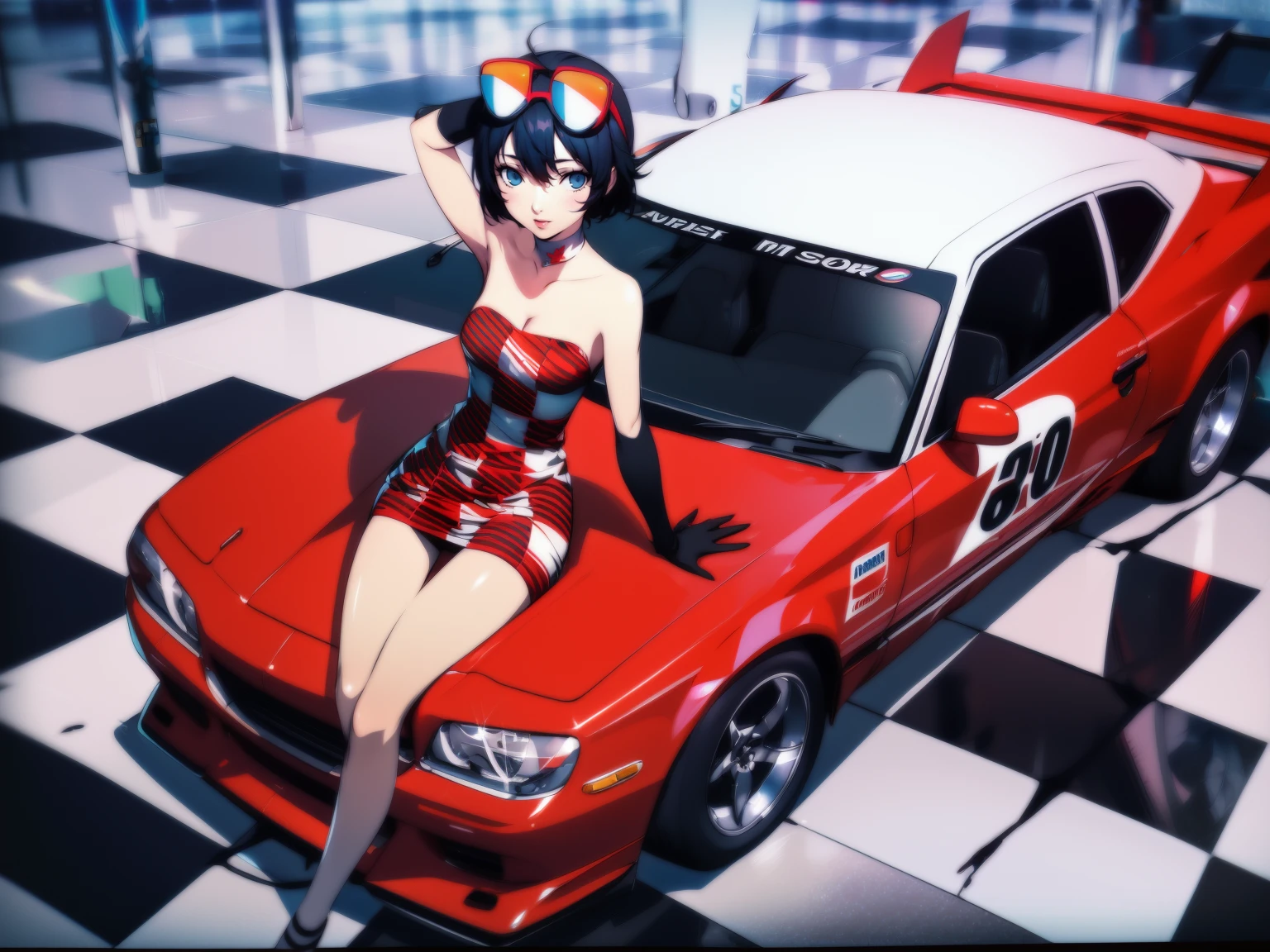 1girl, car, solo, race queen, motor vehicle, ground vehicle, sports car, dress, black hair, short hair, on vehicle, sitting, vehicle focus, eyewear on head, checkered floor, short dress, bare shoulders, blue eyes, legs, gloves