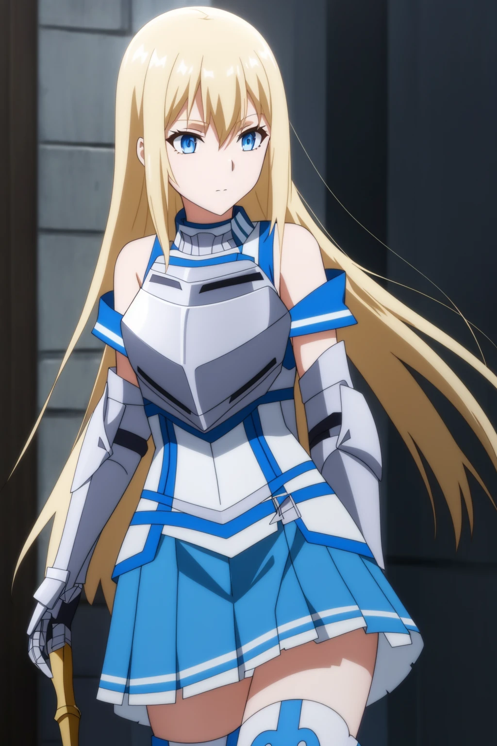 roxy, 1girl,solo,long_hair,looking_at_viewer,bangs,blue_eyes,skirt,blonde_hair,thighhighs,hair_between_eyes,bare_shoulders,very_long_hair,closed_mouth,standing,cowboy_shot,pleated_skirt,detached_sleeves,miniskirt,armor,blue_skirt,gauntlets,breastplate,armored_dress