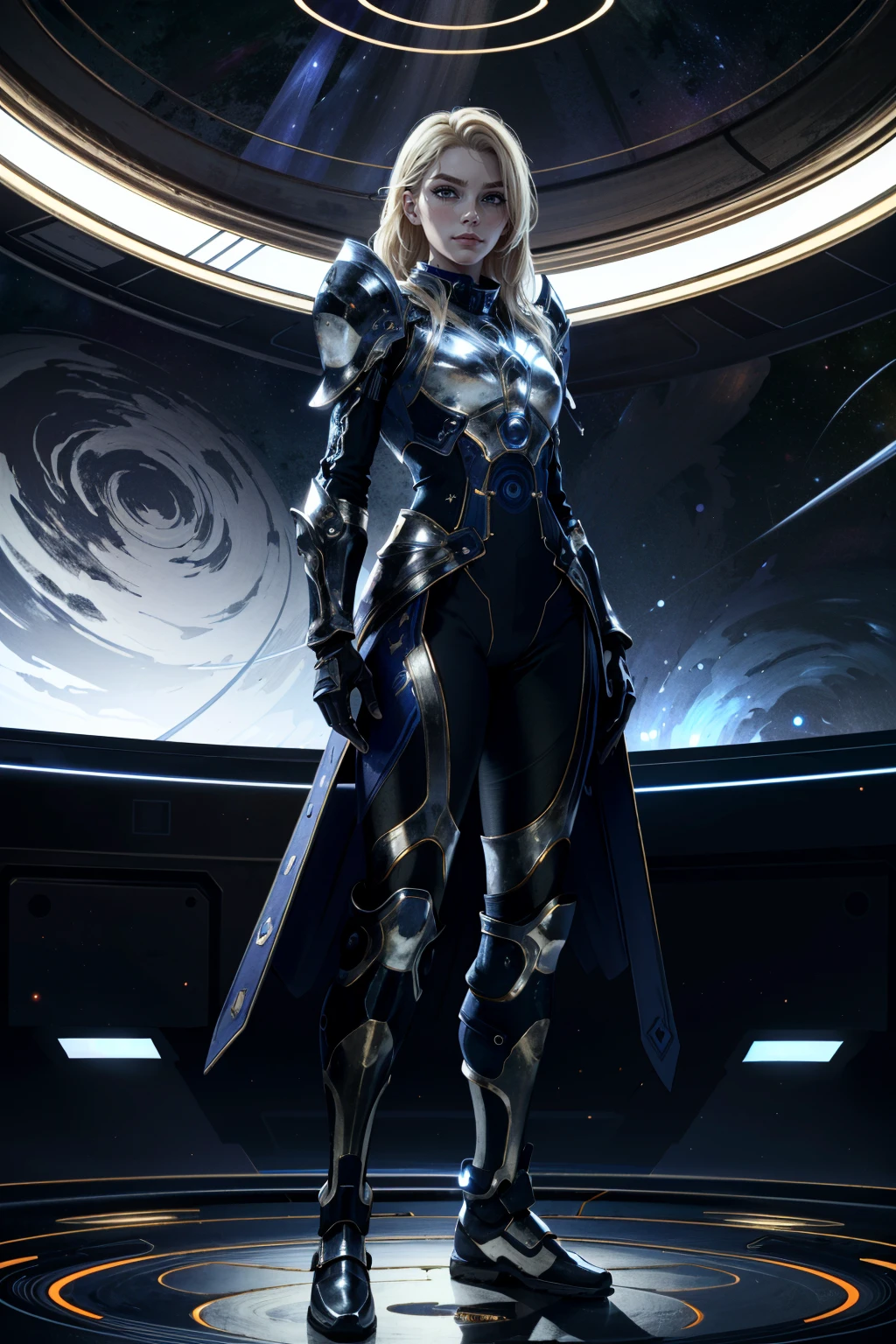((ultra detailed, masterpiece, best quality))
<lora:BGDameAylin:0.9>
BGDameAylin, 1girl, solo, long hair, blonde hair, cracked skin, inside a futuristic space station, stars and space background, standing straight with hands clasped behind