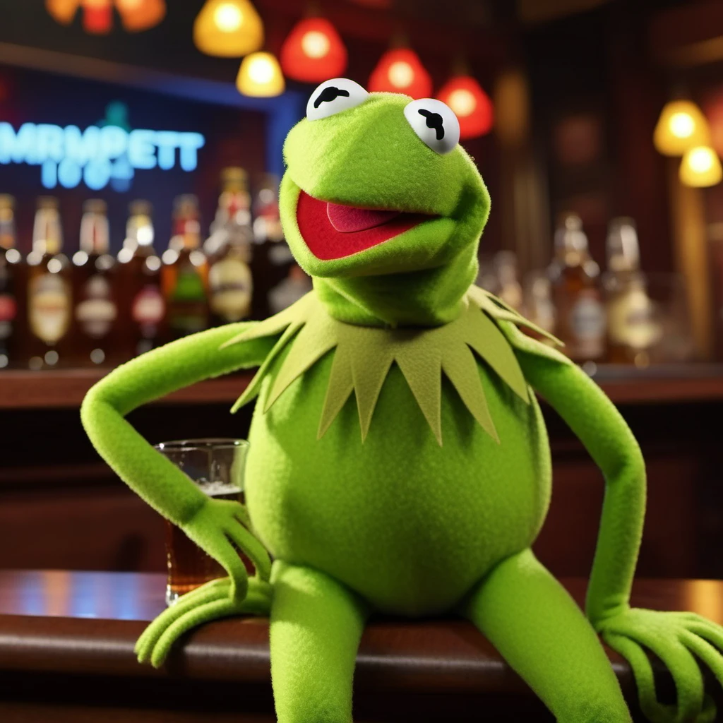 Kermit1024,a muppet frog, ((full body)), drink beer in a pub, neon lights sign "Kermit" , highly detailed, photography, ultra sharp, film, bokeh, professional, 4k <lora:add-detail-xl:1.5> <lora:Kermit1024:0.8>
