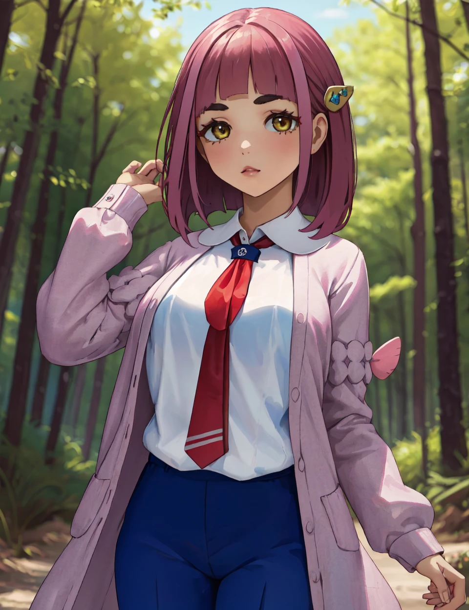 (masterpiece, best quality, hi res:1.2), 1girl, (solo:1.2), pklacey, <lora:Lacey Pokemon (pklacey):0.7>, forest, detailed skin, pink hair, coat, white shirt, open clothes, necktie