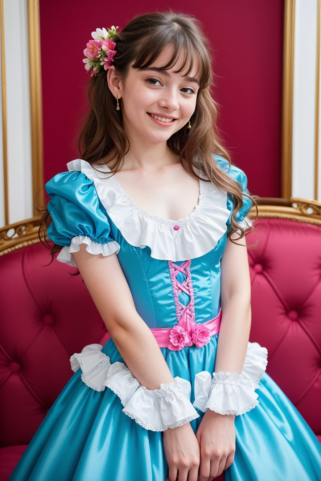 1girl, joyful, smiling, frilled satin dress, frills, long hair, beautiful and aesthetic, (vibrant colors:1.2), 0001SRGoodPictureV3