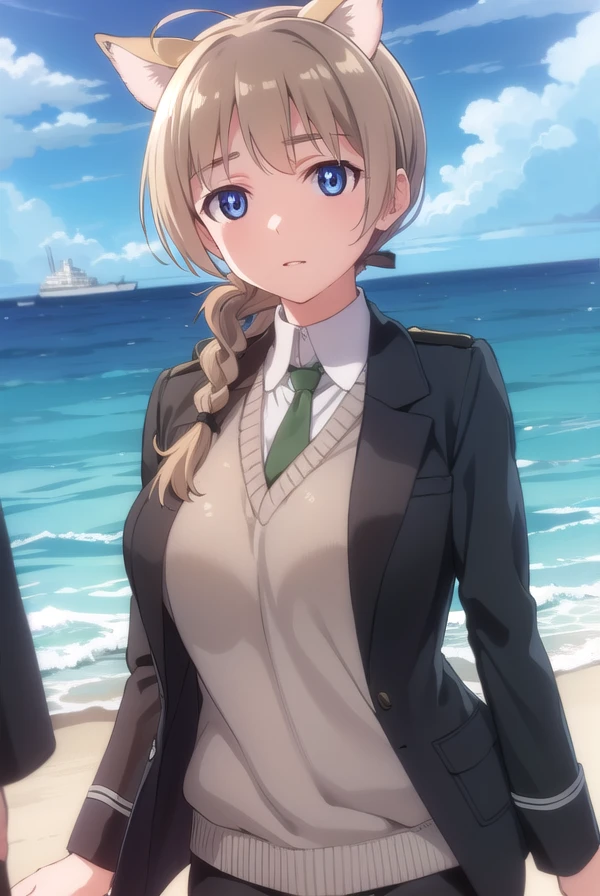 lynettebishop, <lora:lynette bishop anime-lora-nochekaiser:1>,
lynette bishop, long hair, blue eyes, brown hair, animal ears, braid, ahoge, cat ears, single braid, cat girl,
BREAK necktie, sweater vest, jacket, black jacket, long sleeves,
BREAK outdoors, ship, ocean, sun, sky, clouds,
BREAK looking at viewer, (cowboy shot:1.5),
BREAK <lyco:GoodHands-beta2:1>, (masterpiece:1.2), best quality, high resolution, unity 8k wallpaper, (illustration:0.8), (beautiful detailed eyes:1.6), extremely detailed face, perfect lighting, extremely detailed CG, (perfect hands, perfect anatomy),