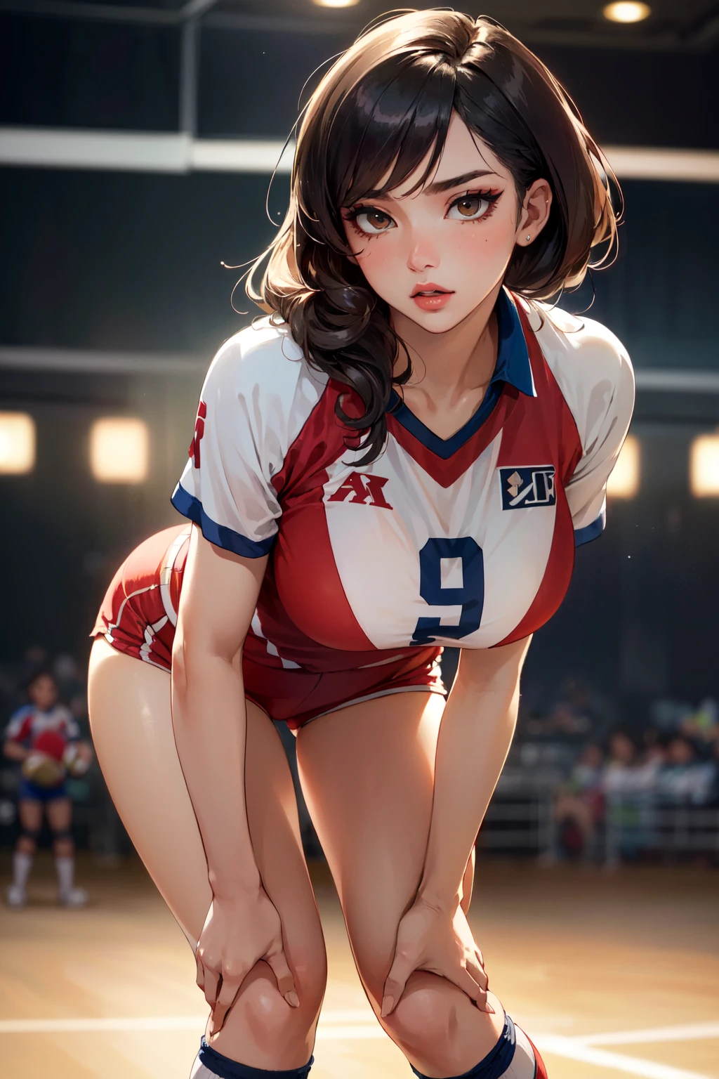 (masterpiece, best quality, hires, high resolution:1.2), (beautiful, aesthetic, perfect, delicate, intricate:1.2), (cute, adorable), (depth of field:1.2), cinematic lighting, bloom, (1girl, solo), (sexy mature woman), (eyeliner, eyeshadow, glossy lips), (gigantic breasts), (volleyball uniform, tight clothes), (micro shorts), court , sexy, (leaning forward), (hands on knees), from front