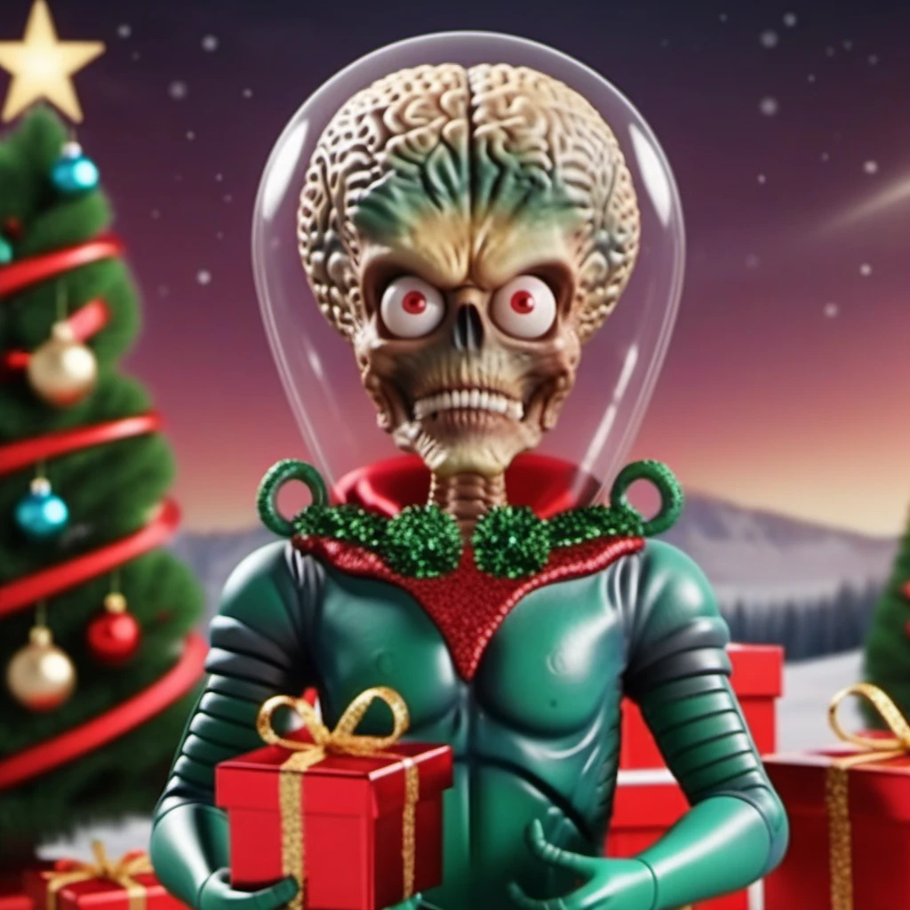 MarsAttack1024, an alien, ++((full body)), christmas scenery, garlands, gifts, christmas tree, features intricate detail, detailed eyes, highly detailed, photography, ultra sharp, film, bokeh, professional, 4k <lora:MarsAttack1024:0.7> <lora:add-detail-xl:2>