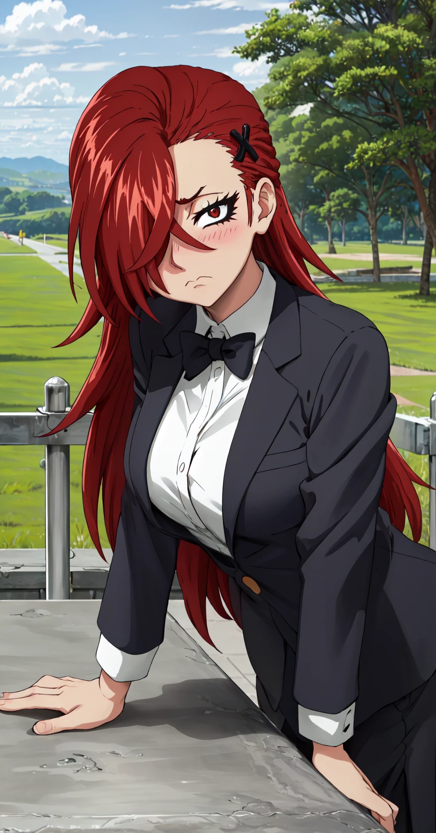 masterpiece, best quality, highres, detailed beautiful face,
1girl, solo, looking at viewer, sitting, leaning forward, head tilt, wavy hair, red eyes, red hair, long hair, frown, hair over one eye, x hair ornament, breasts, large breasts,
dinner jacket, tuxedo, tuxedo jacket, 
<lora:LoRA_Yui:1>, blush, field, grass, forest, sunlight, cloudy,