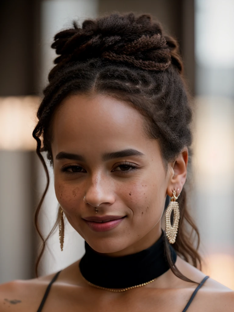 Realistic photo of a beautiful z03k woman,1girl,solo,long hair,looking at viewer,smile,black hair,brown eyes,parted lips,teeth,solo focus,choker,dark skin,mole,blurry,dark-skinned female,lips,blurry background,black choker,portrait,mole under mouth,freckles,realistic,nose,soft lighting, professional Photography, Photorealistic, detailed, RAW, analog, sharp focus, 8k, HD, high quality, masterpiece<lora:z03k:1.0>