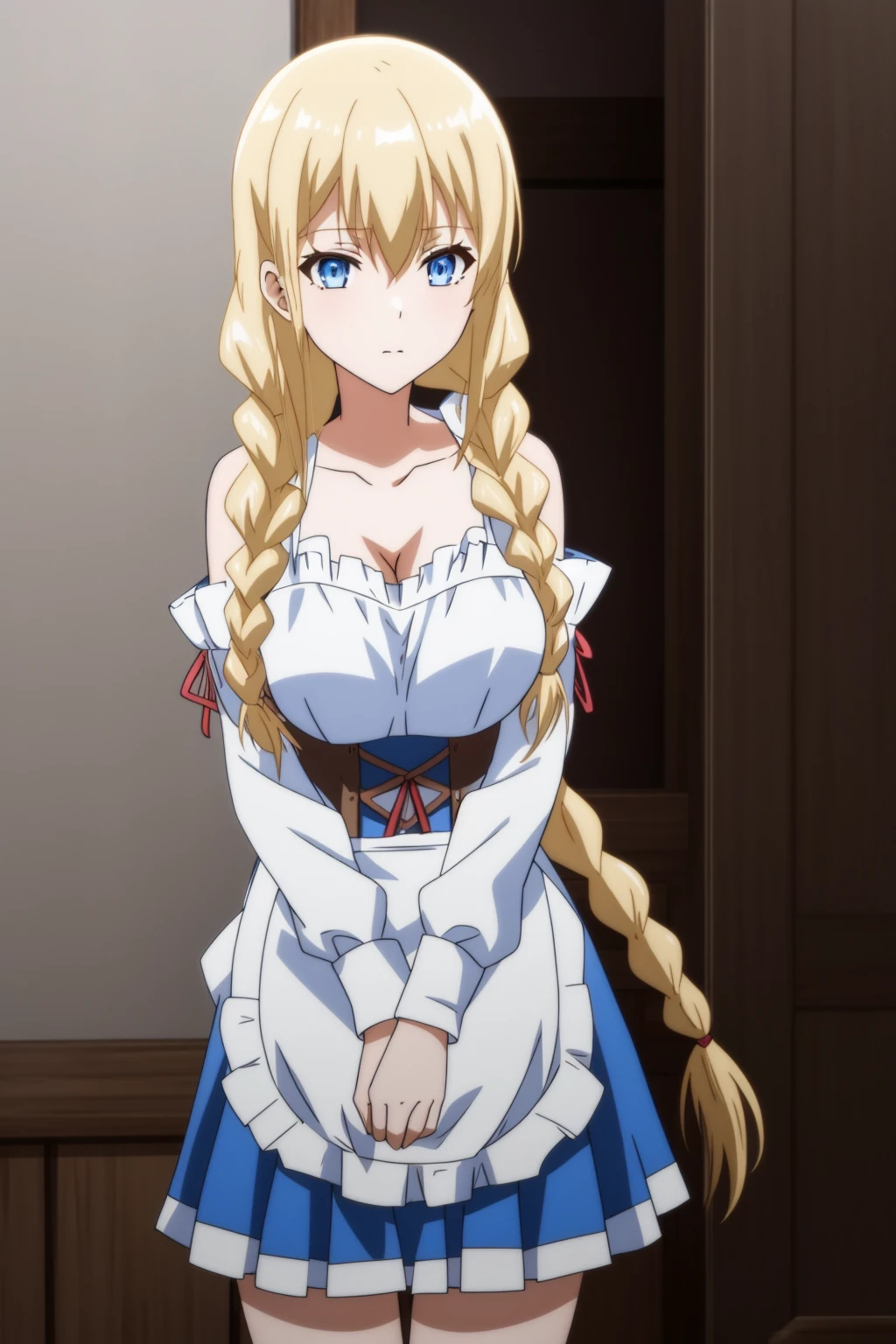 roxy, 1girl,solo,long_hair,breasts,bangs,blonde_hair,dress,ribbon,cleavage,hair_between_eyes,bare_shoulders,medium_breasts,very_long_hair,standing,collarbone,blue_eyes,braid,cowboy_shot,detached_sleeves,shiny,white_dress,apron,twin_braids,facing_viewer,white_sleeves,day