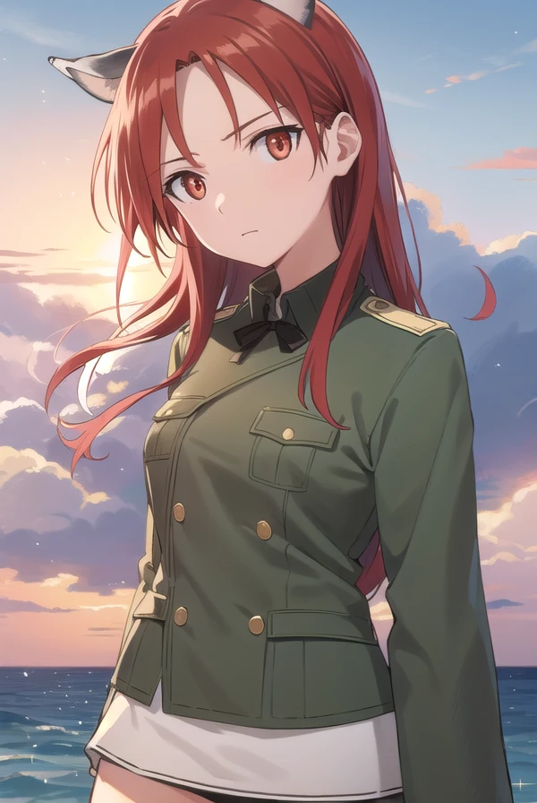 minnadietlindewilcke, <lora:minna dietlinde wilcke anime-lora-nochekaiser:1>,
minna dietlinde wilcke, long hair, (red eyes:1.3), animal ears, red hair, wolf ears, wolf tail, wolf girl,
BREAK uniform, military, military uniform,
BREAK outdoors, ship, ocean, sun, sky, clouds,
BREAK looking at viewer, (cowboy shot:1.5),
BREAK <lyco:GoodHands-beta2:1>, (masterpiece:1.2), best quality, high resolution, unity 8k wallpaper, (illustration:0.8), (beautiful detailed eyes:1.6), extremely detailed face, perfect lighting, extremely detailed CG, (perfect hands, perfect anatomy),