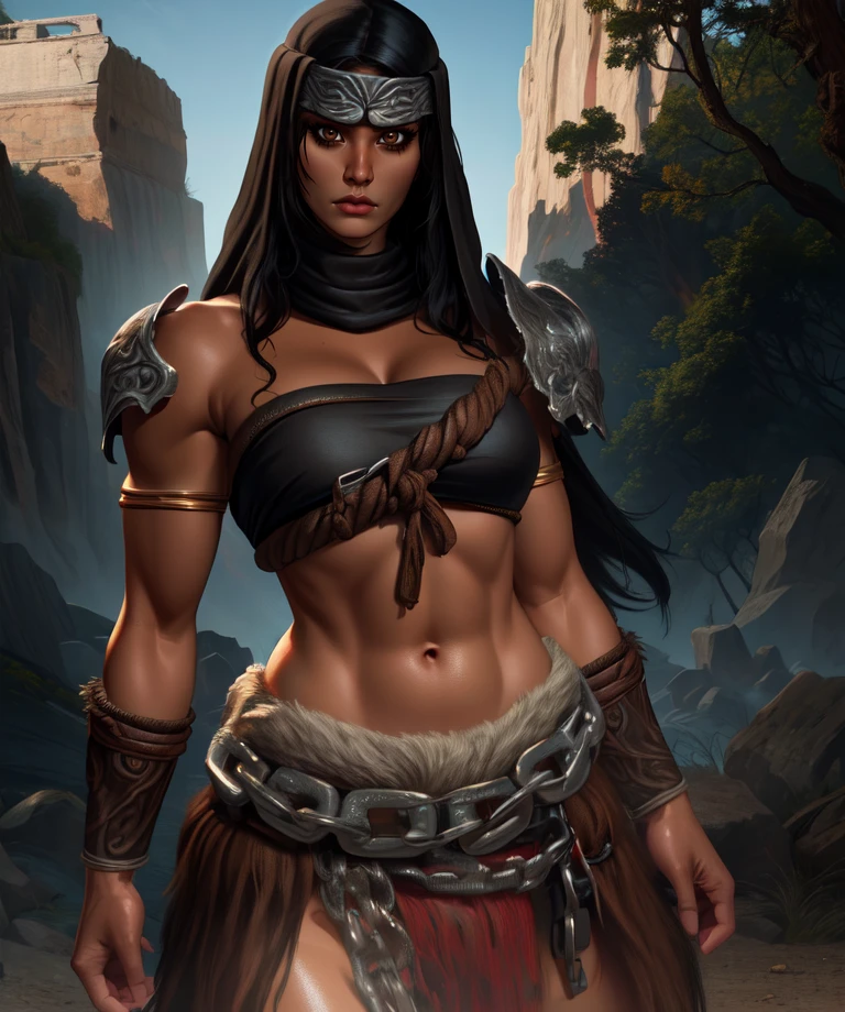 Nepheli,black cowl,metal headband,upper body,((brown eyes, )),
cowboy shot,serious,
NepAttire,shoulder armor,strapless,midriff,bracer,chain,red pelvic curtain,
outdoors,
(insanely detailed, beautiful detailed face, masterpiece, detailed eyes, best quality),<lora:Nepheli:0.8>,