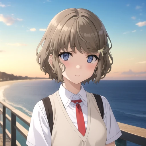 ((masterpiece)),(best quality),official art,extremely detailed CG,unity 8k wallpaper,ultra detailed,A lighthouse on a cliff by the sea,1girl,solo,upper body,(portrait:1.2),grey_skirt,short_hair,sweater_vest,school_uniform,white_socks,white_shirt,brown_hair,pleated_skirt,short_sleeves,hair_ornament,looking_at_viewer,hairclip,blush,bangs,grey_eyes,blue_eyes,red_necktie,<lora:Koga Tomoe(sby)>,