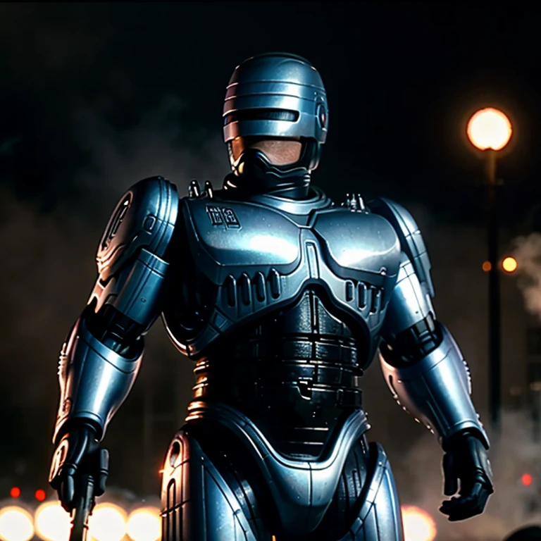 cinematic film still of <lora:Robocop 1987 SD1.5:1.2>
RoboCop 1987 a man in a dirty metal suit holding a gun with muzzle flash, shallow depth of field, vignette, highly detailed, high budget, bokeh, cinemascope, moody, epic, gorgeous, film grain, grainy