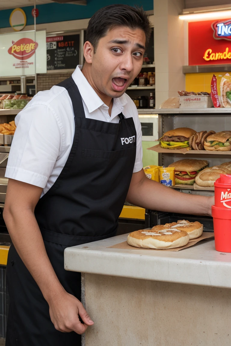 a man working behind a fast food counter, shocked expression,
<lora:shocked_v1:1.0>