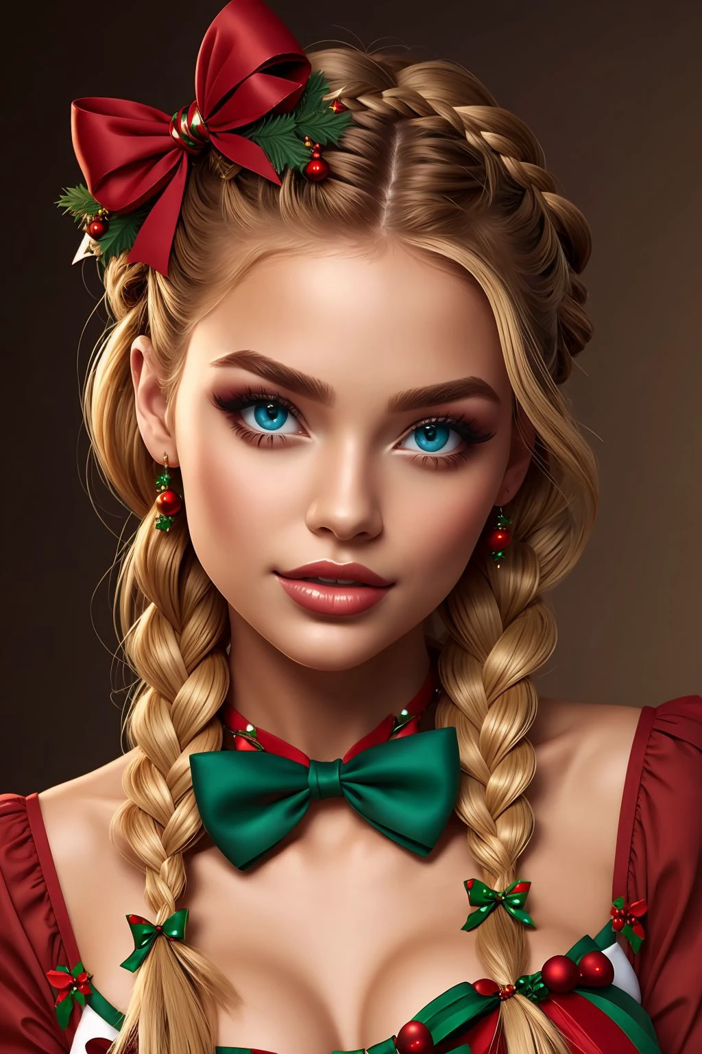 woman, blond braids, aquamarine eyes, christmas pinup <lora:Christmas Pin up_v1:1>