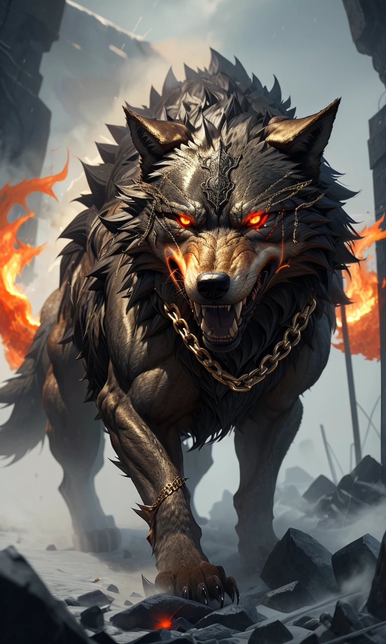 fenrir2023, giant wolf, flames, Ragnarok, gold chains, glowing eyes, sharp teeth, fantasy setting, 8k, uhd, masterpiece, detailed, chained, trending on artstation, fur