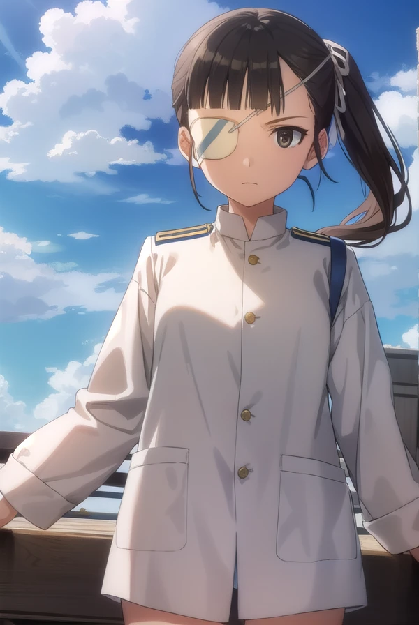 miosakamoto, <lora:mio sakamoto anime-lora-nochekaiser:1>,
mio sakamoto, long hair, black hair, (brown eyes:1.5), ponytail, (eyepatch:1.5),
BREAK uniform, military, military uniform,
BREAK outdoors, ship, ocean, sun, sky, clouds,
BREAK looking at viewer, (cowboy shot:1.5),
BREAK <lyco:GoodHands-beta2:1>, (masterpiece:1.2), best quality, high resolution, unity 8k wallpaper, (illustration:0.8), (beautiful detailed eyes:1.6), extremely detailed face, perfect lighting, extremely detailed CG, (perfect hands, perfect anatomy),