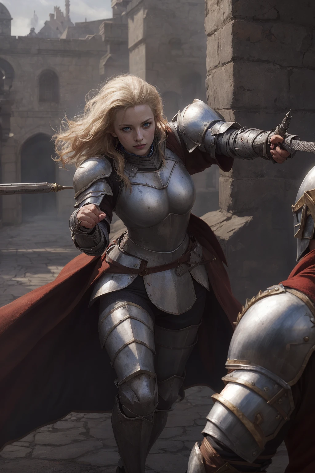 official art, (female human knight ) and assassins , fighting, castle,( realistic)<lora:L_RM-RF1:1> <lora:L_RM-RF2:1>