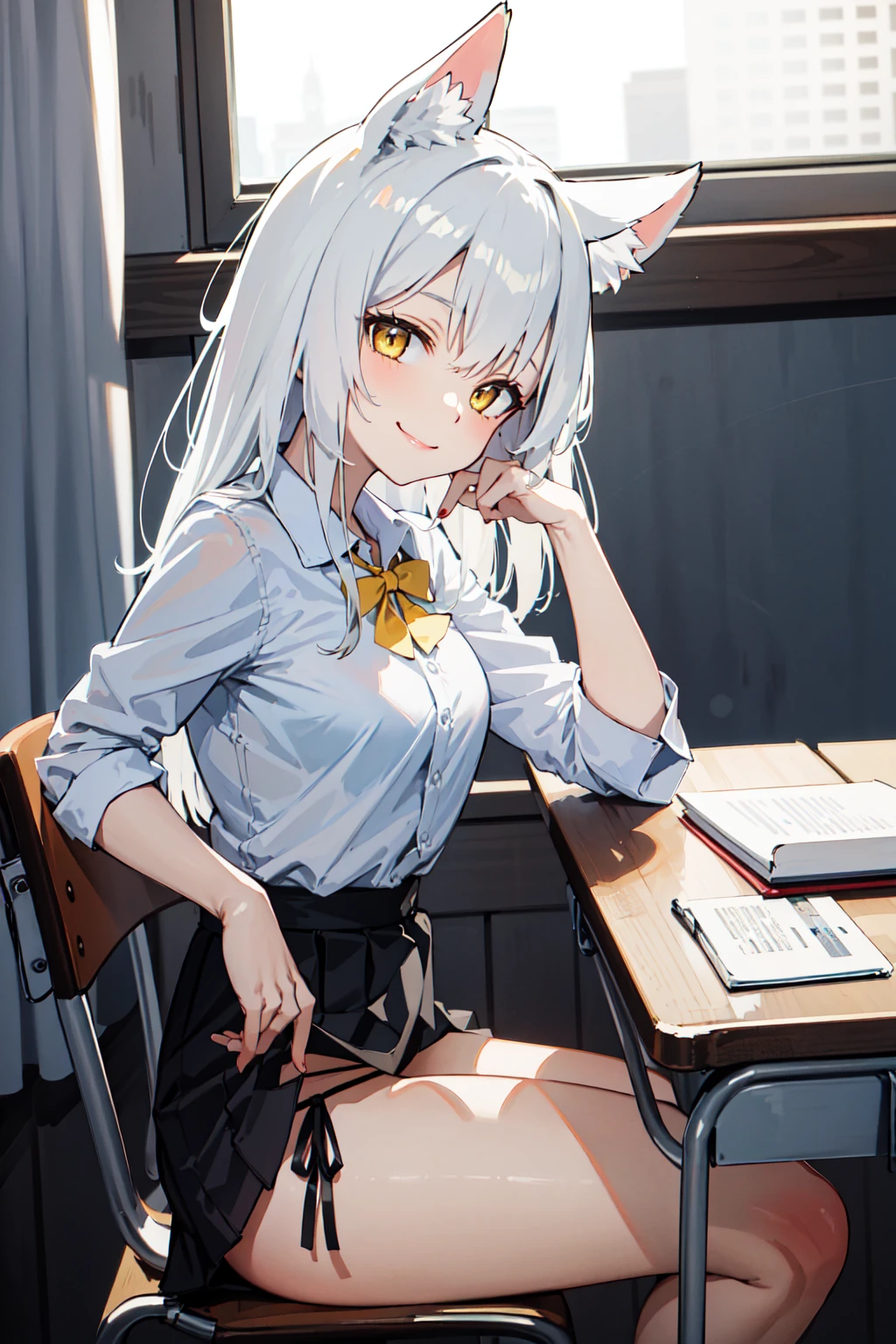 masterpiece, best quality, chair, table, classroom, 1girl, looking at viewer, head rest, head tilt, smile, sitting, crossed legs, long hair, white hair, yellow eyes, animal ears, medium breasts, white collared shirt, bowtie, tucked shirt, pleaded skirt, panties, pantpeek, bare legs, <lora:panties_peek:0.7>