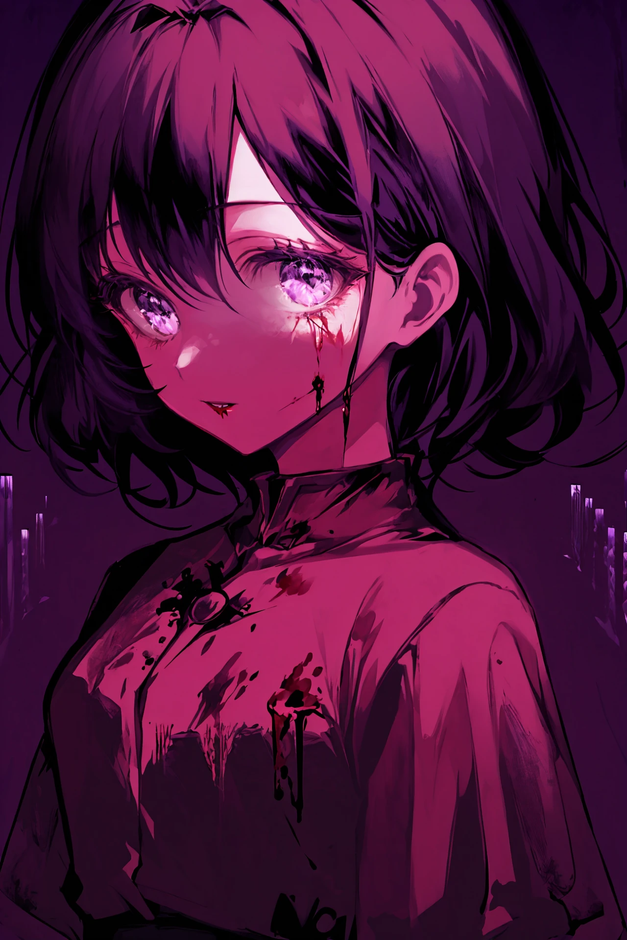 solo, monochrome, blood, looking at viewer, short hair, 1girl, purple theme, 1boy 
/////////// <lora:HyatsuEX:1>