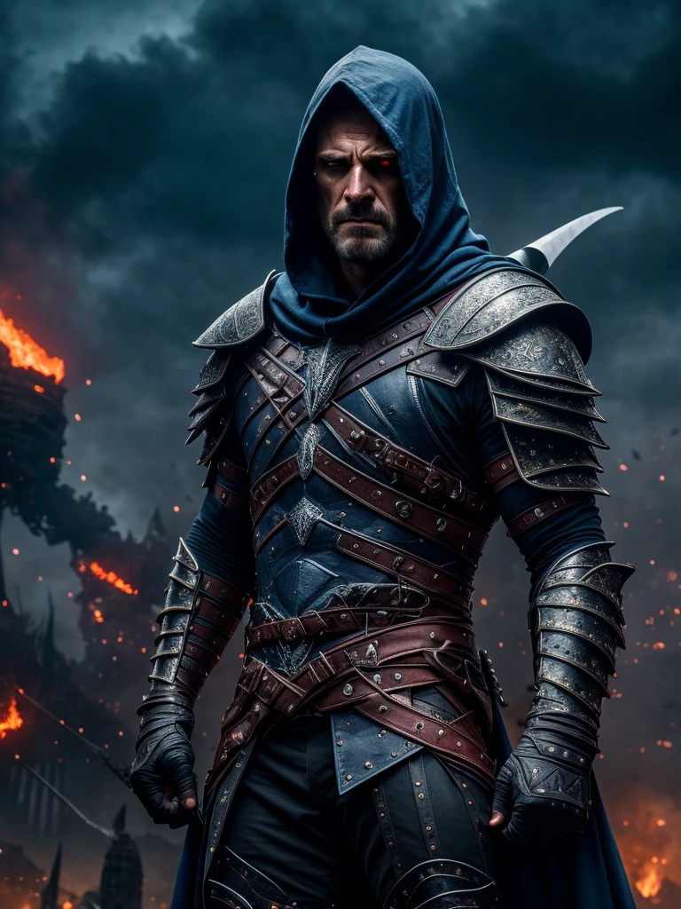 powerfull , full body,muscular body, ((male warrior))rogue assassin,leather hoodie , full body armour, a crystal made katana angry man , look blood stained cape right shoulder on blue fire hyper realistic cosmic city background, tall structures, aurora background, perfect detailed face, perfect hands,detailed symmetric circular iris, shadow black magic, apocalyptic, blue lightning effects, dark blue sky , infernal city background, tall structures, infernal towers background, dark blue colors, apocalyptical,realistic, stunning realistic photograph, 3d render, octane render, intricately detailed, cinematic, Isometric, dark fantasy theme, mystical, Dark theme, underworld theme, deviant art masterpiece, white skin, crimson eyes, dark tattoos, colour grading, dark illustration, extreme quality, extremely detailed, ultra-detailed face, ultra hd 8k,red lightning, concept art, hyperdetailed, triadic colours, fantastical, intricate detail, splash screen, complementary colours, fantasy concept art, 8k resolution, soft lighting, film photography, film grain, hyperrealist