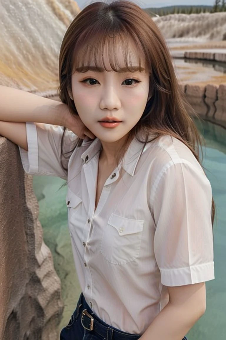 <lora:aniki_lin_obj20:0.7 >, full_body, standing, sandals, (shirt), pants, (yellowstone), (aniki_lin: 1.2), perfect face, (contact iris: 1.1), pale skin, skin pores , depth of field