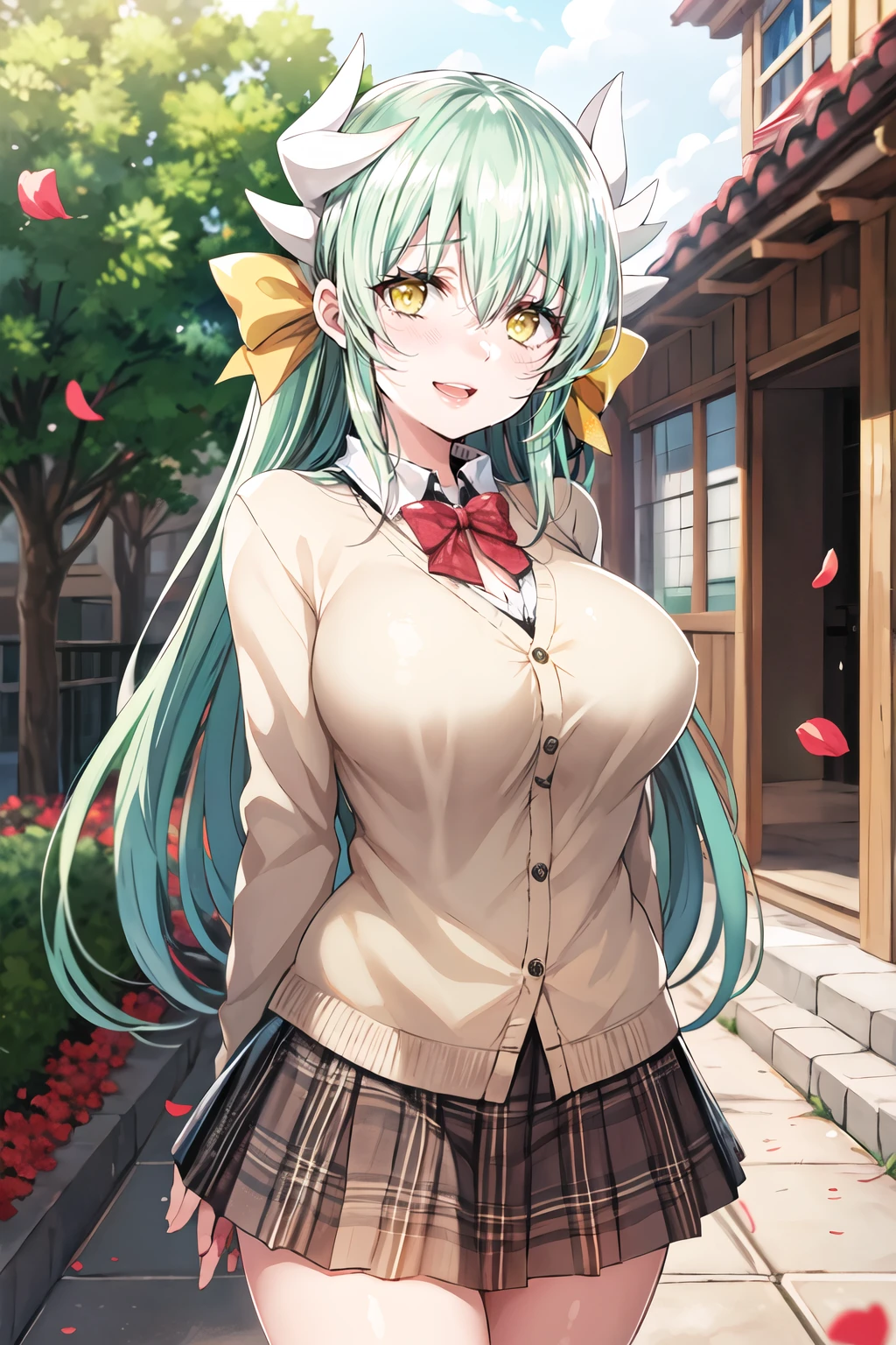 masterpiece, best quality, highres, aakiyo, long hair, aqua hair, white horns, hair bow, yellow bow, yellow eyes, <lora:kiyohime_(lancer)_v1:0.7>, cardigan, plaid skirt, arms behind back, smile, open mouth, petals, outdoors, huge breasts <lora:Mameko-Style-v1_255884:1>