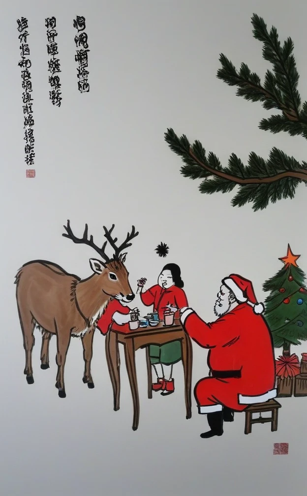 <lora:feng_zikai_style:1> chinese painting of Christmas faimly time, feng zika style