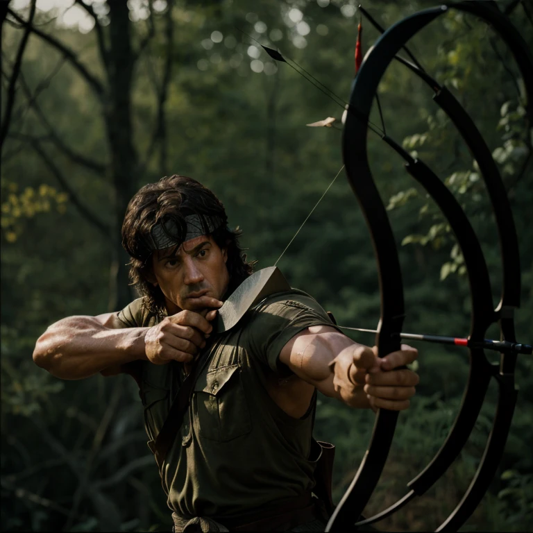 cinematic film still of <lora:Rambo 1982 SD1.5:1.2>
Rambo a man with a perfect bow and perfect arrow in a field hunting something, shallow depth of field, vignette, highly detailed, high budget, bokeh, cinemascope, moody, epic, gorgeous, film grain, grainy