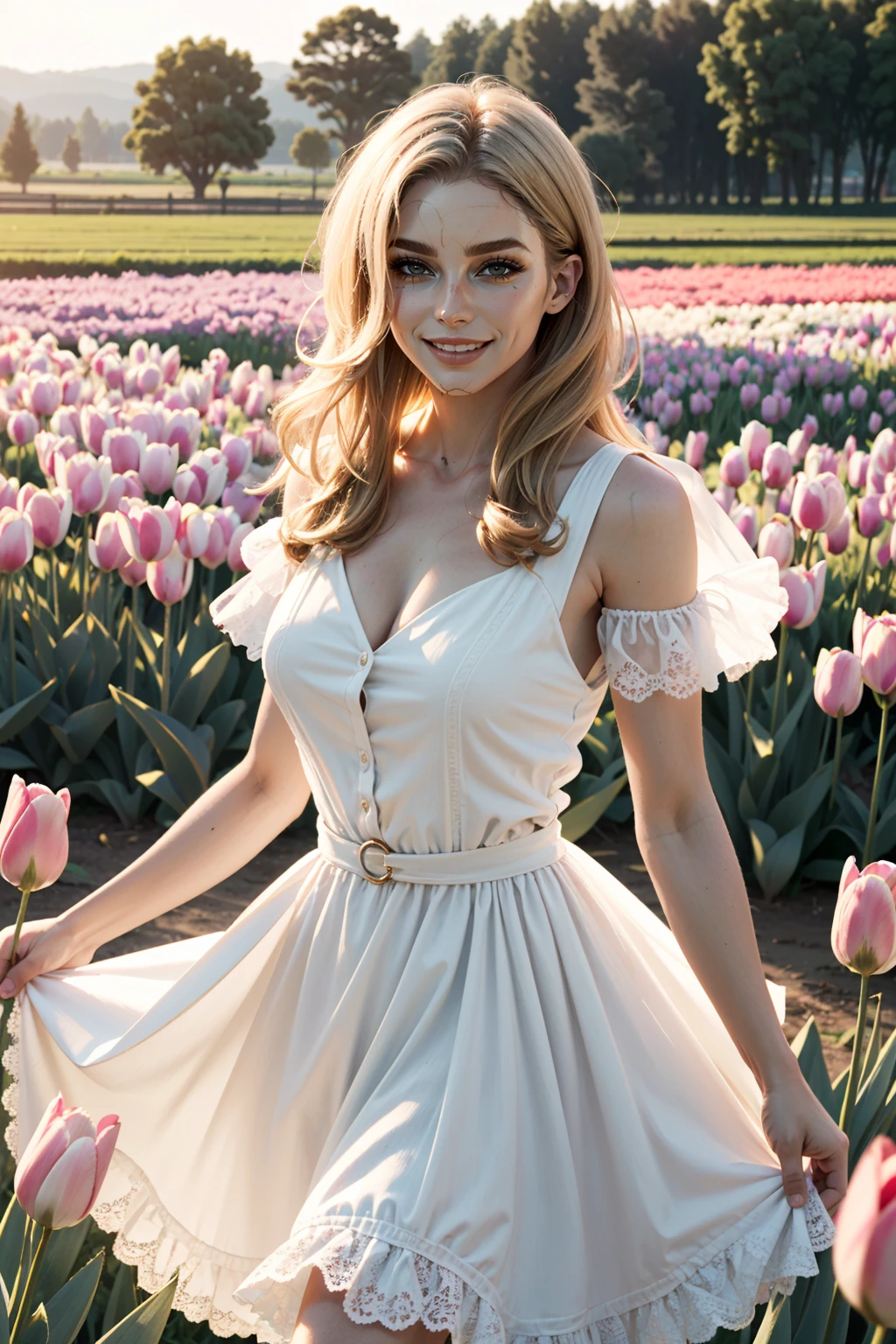 ((ultra detailed, masterpiece, best quality))
 <lora:BGDameAylin:0.9>
BGDameAylin, 1girl, solo, blonde hair, cracked skin, In a field of tulips at golden hour, elegant dress, twirling with joy
