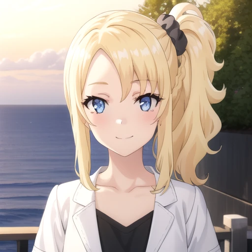 ((masterpiece)),(best quality),official art,extremely detailed CG,unity 8k wallpaper,ultra detailed,A lighthouse on a cliff by the sea,1girl,solo,upper body,(portrait:1.2),blonde_hair,hair_scrunchie,blue_eyes,scrunchie,smile,looking_at_viewer,collarbone,closed_mouth,short_shorts,side_ponytail,short_sleeves,parted_bangs,black_shirt,bangs,hair_ornament,open_clothes,white_jacket,blush,black_scrunchie,braid,long_hair,sidelocks,<lora:Toyohama Nodoka(sby)>,