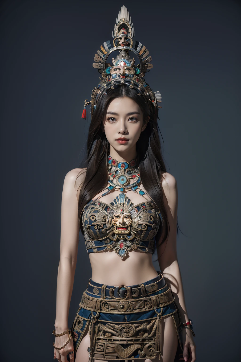sd_mai, Aztec civilizationï¼
(masterpiece),(best quality),ultra hi res,reaslistic, high fashion photo shoot
Simple and stylish background
 <lora:é¿å¹ç¹åAztaka:0.7>
