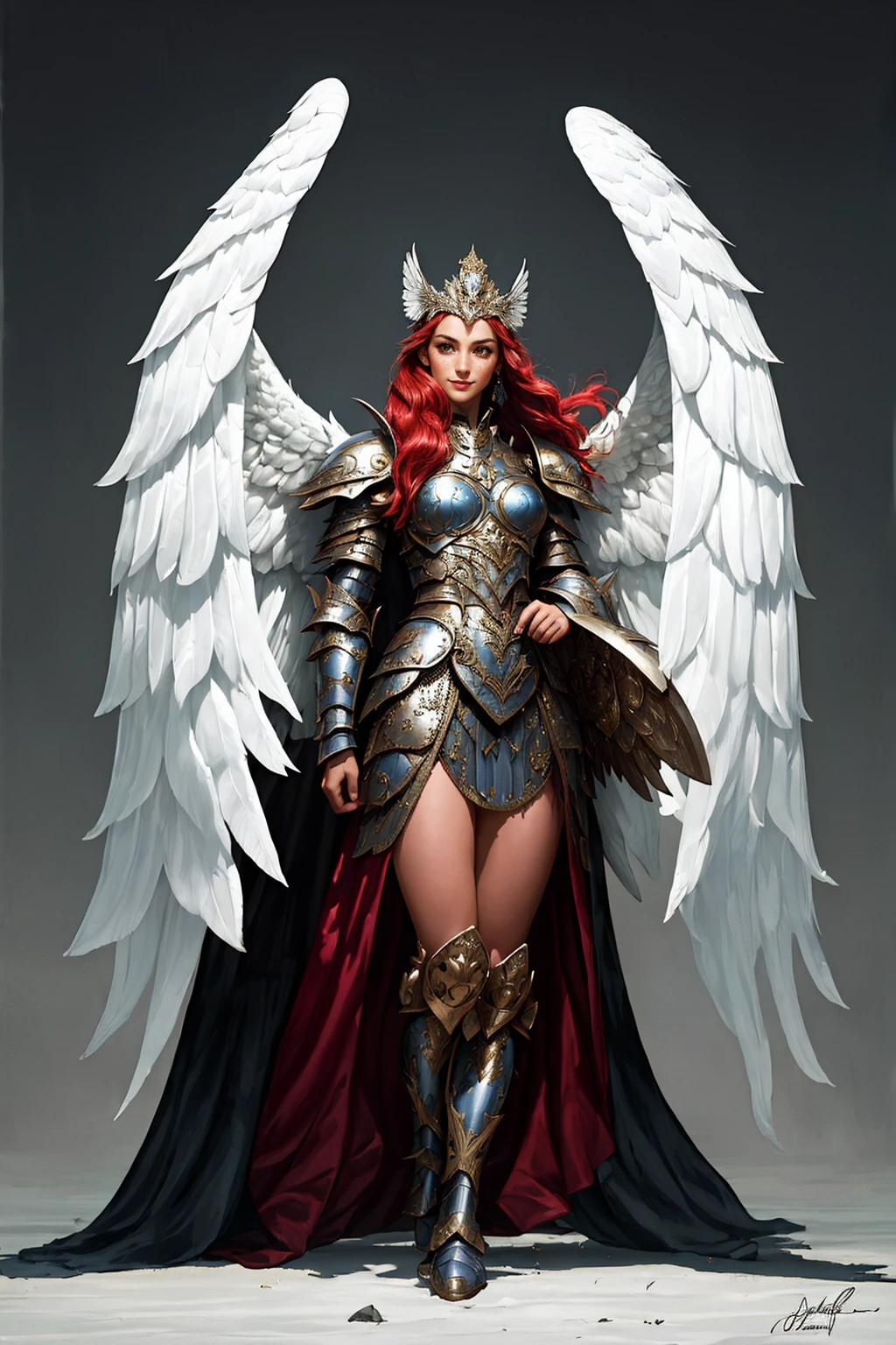 ((Masterpiece, best quality,edgQuality)),smile--,standing,posing for a picture
edgWalkure, long hair, dress, wings, armor, helmet, head wings, shoulder armor, feathered wings, pauldrons, angel wings, mountain, armored dress, valkyrie,boots
<lora:edgWalkureRedTeam:0.75>