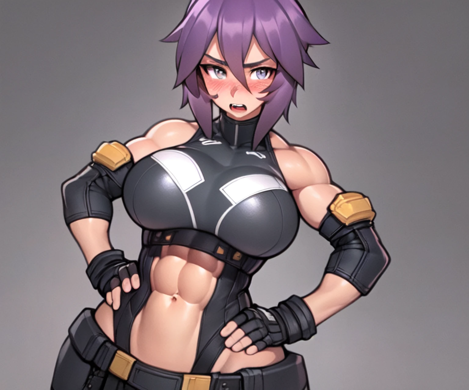 <lora:Roadi3-NAI-LyCORIS:0.8>
1girl, abs, muscular female, solo, breasts, hands on hips, gloves, short hair, purple hair, large breasts, elbow pads, grey eyes, open mouth, white background, looking at viewer, teeth, simple background, blush, fingerless gloves, covered navel, obliques, hair between eyes, bare shoulders