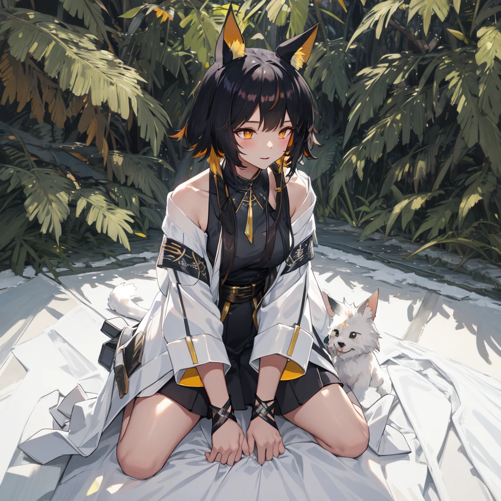 masterpiece, best quality, 1girl, seiza, white coat,black dress, animal ears,hand between legs,jungle,