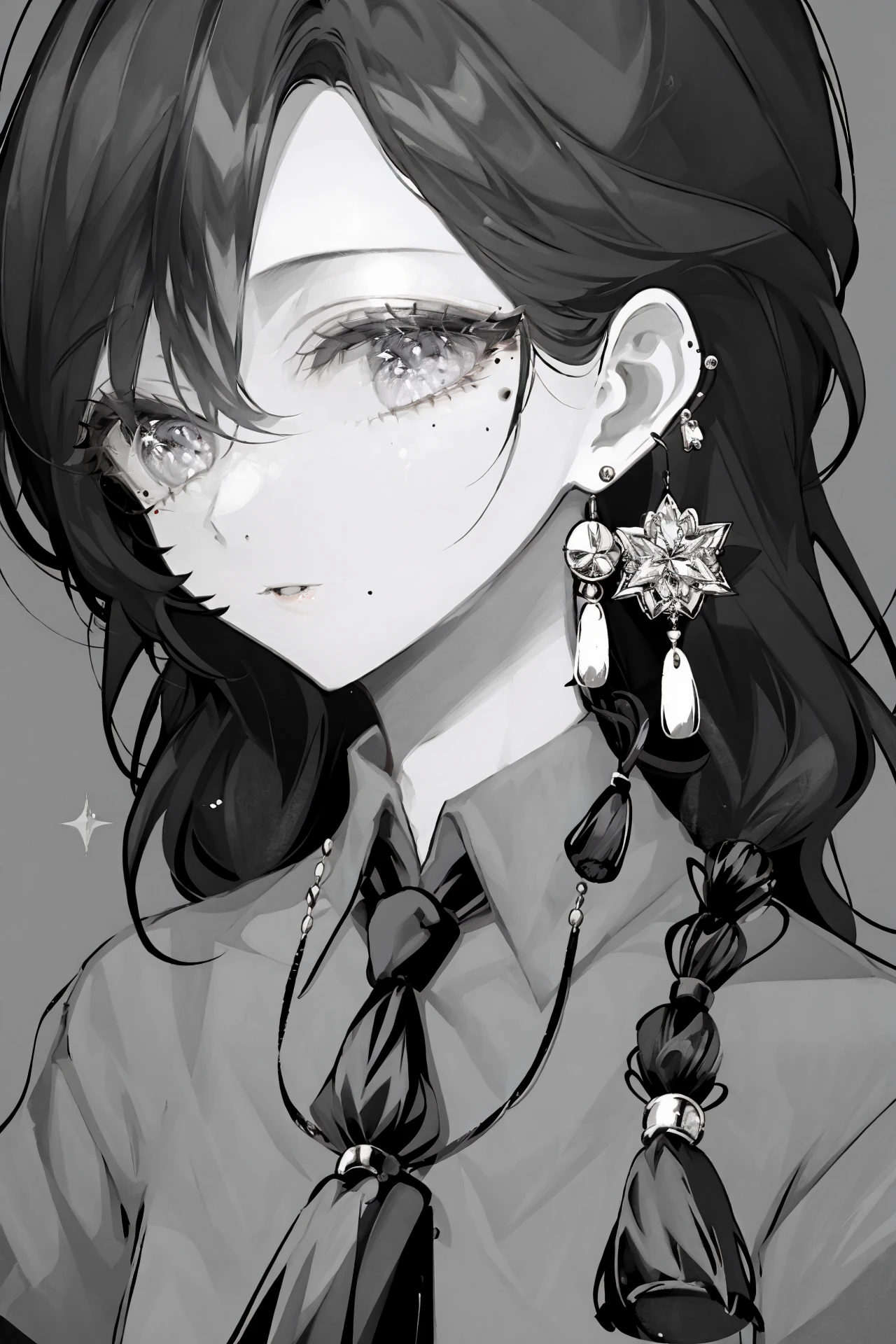 mole, 1girl, jewelry, tassel earrings, solo, mole under eye, tassel, monochrome, earrings, looking at viewer, ringed eyes, greyscale, multiple moles, mole under mouth, simple background, medium hair, collared shirt, shirt, necktie 
/////////// <lora:HyatsuEX:1>