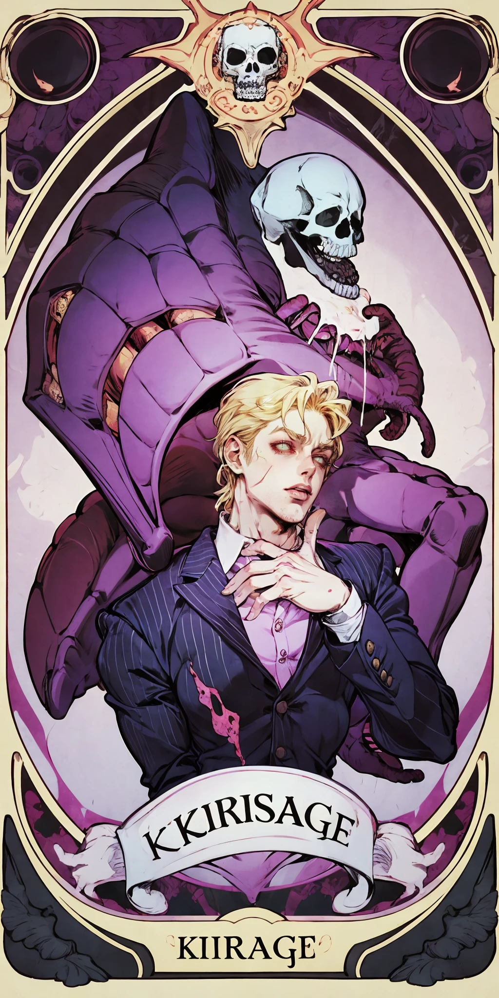 HEZI,Card design,stand (jojo), kira yoshikage, male focus, blood, 1boy, formal, suit, tarot, blonde hair, character name, food, licking, striped shirt, striped, multiple boys, shirt, disembodied limb, skull, tongue<lora:çåç³»åââå¡çèºæ¯:0.65>,