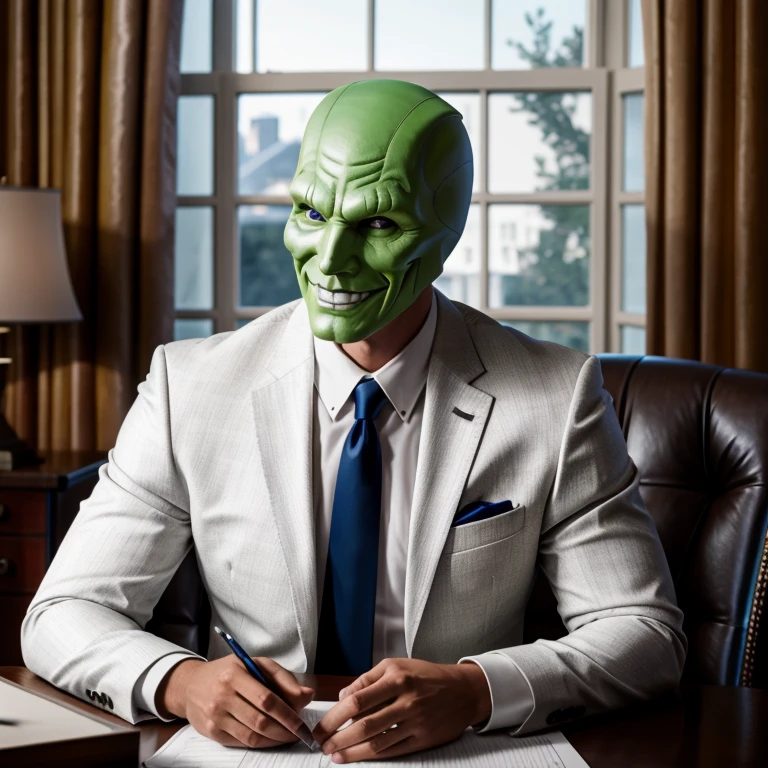 Hyperrealistic art of <lora:The Mask SD1.5:1.2>
The Mask a man in a suit and mask sitting at a desk in the white house, Extremely high-resolution details, photographic, realism pushed to extreme, fine texture, incredibly lifelike